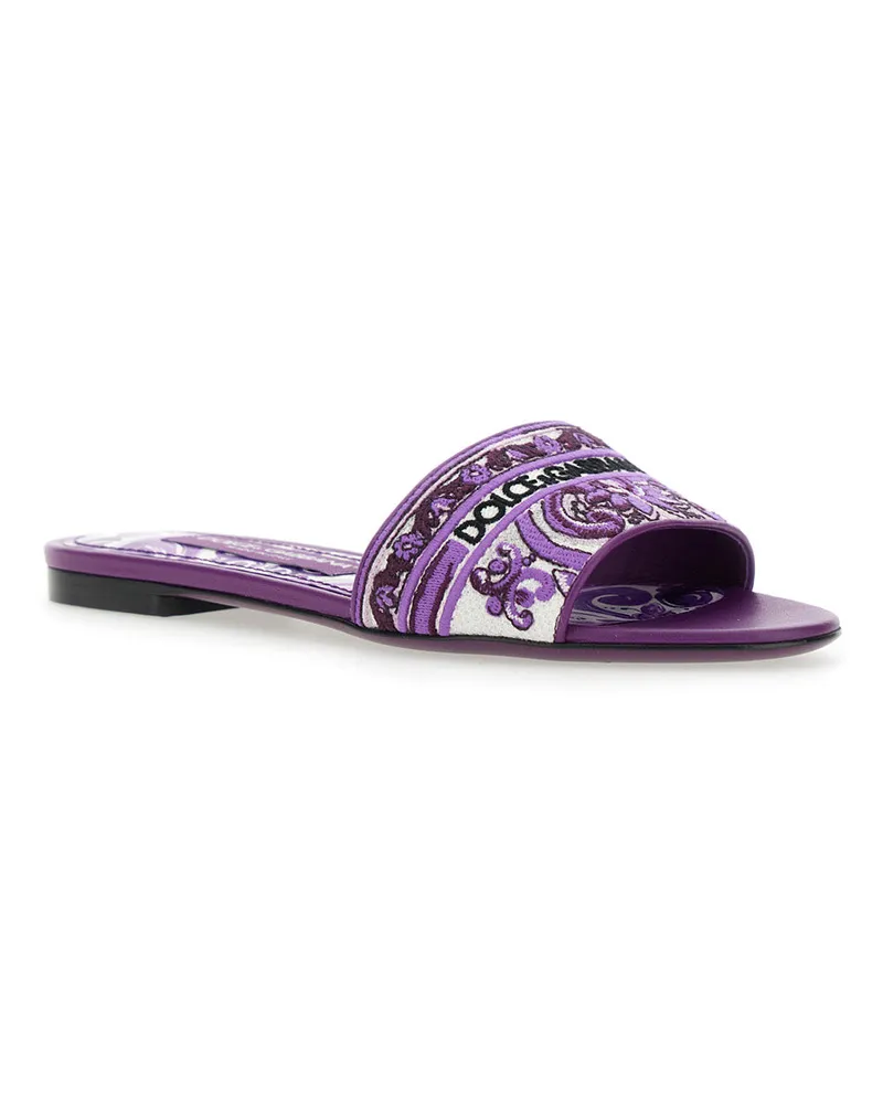Dolce & Gabbana Women's Violet Sandals With Logo Embroidery Cotton Purple