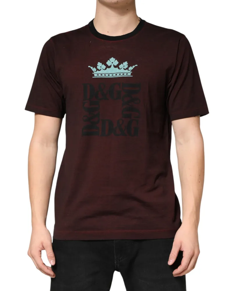 Dolce & Gabbana Maroon Dg Crown Cotton Crew Neck Men T-Shirt Brown