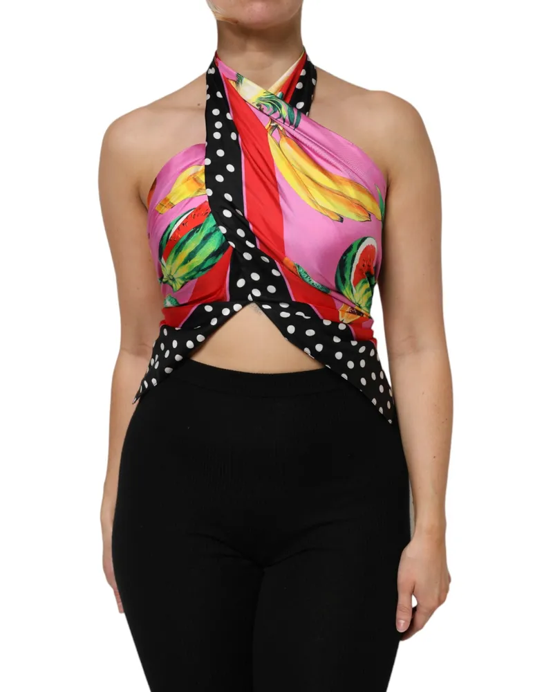 Dolce & Gabbana Women Multicolor Halter Party Evening Cropped Top Silk Multicolor