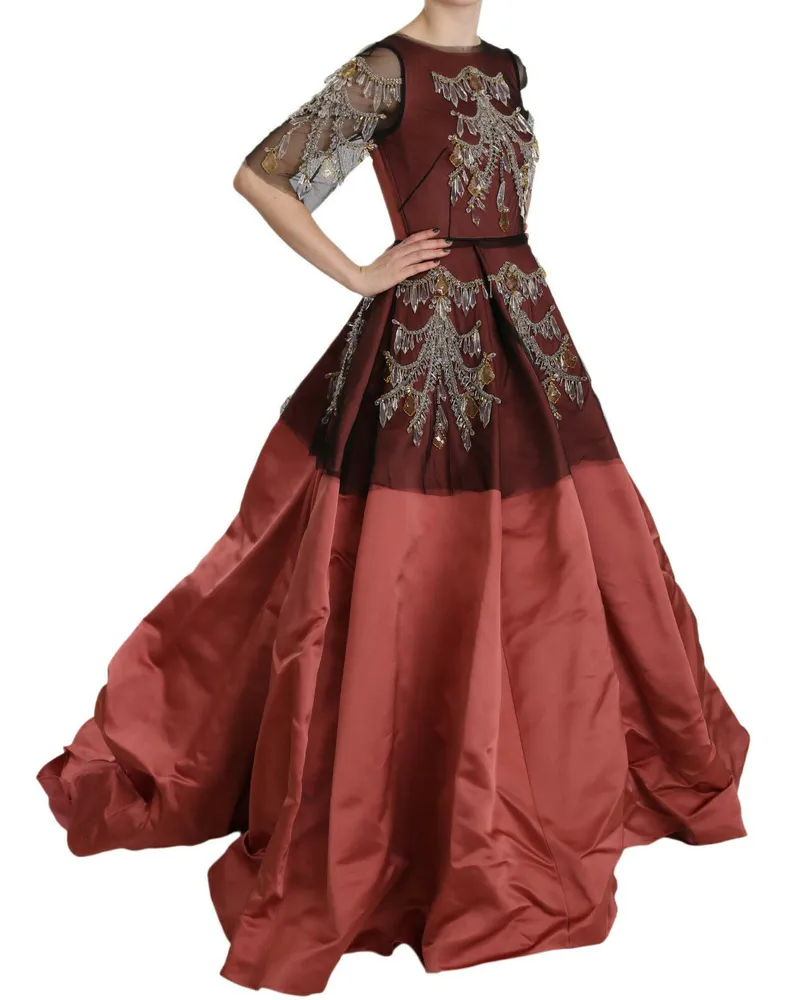 Dolce & Gabbana Women Crystal Chandelier Silk Princess Gown Dress Pink Nylon Red
