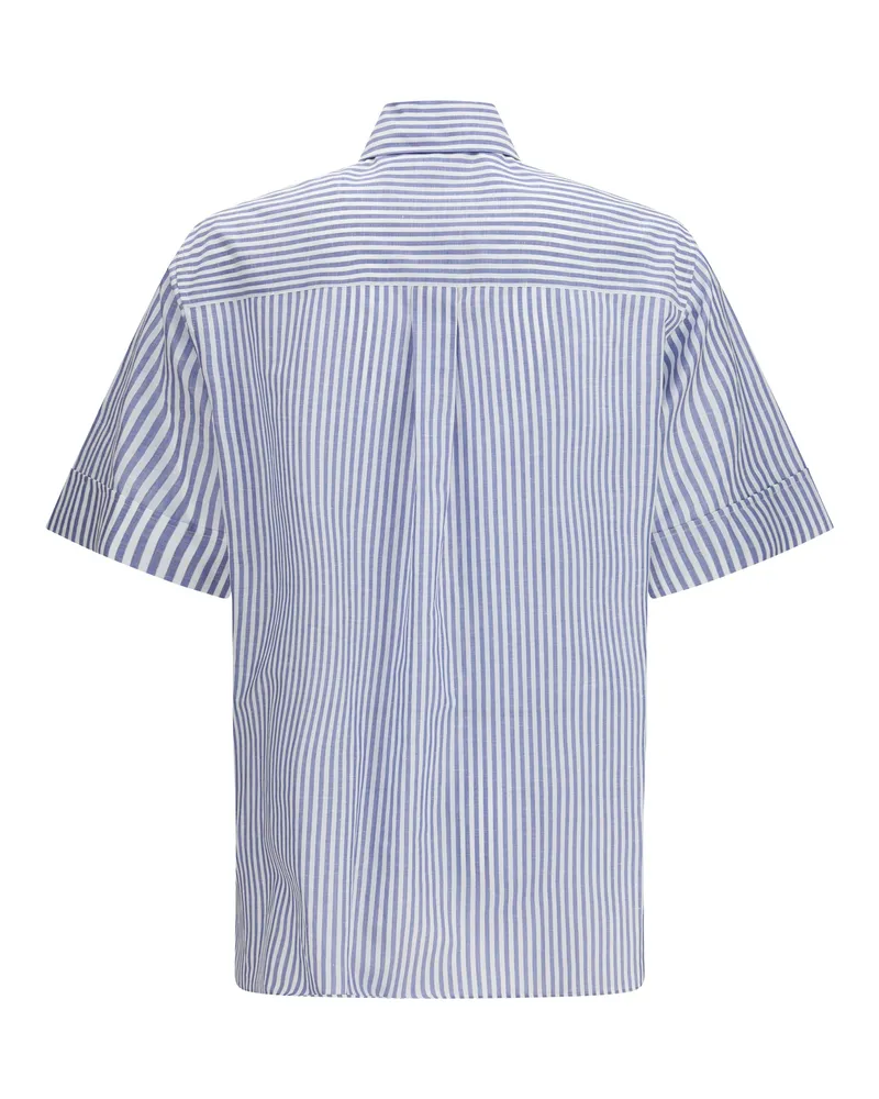 Valentino Garavani Men's Short-Sleeve Shirt With Logo Buttons Bianco-Navy Cotton; Linen Bianco/navy Blue