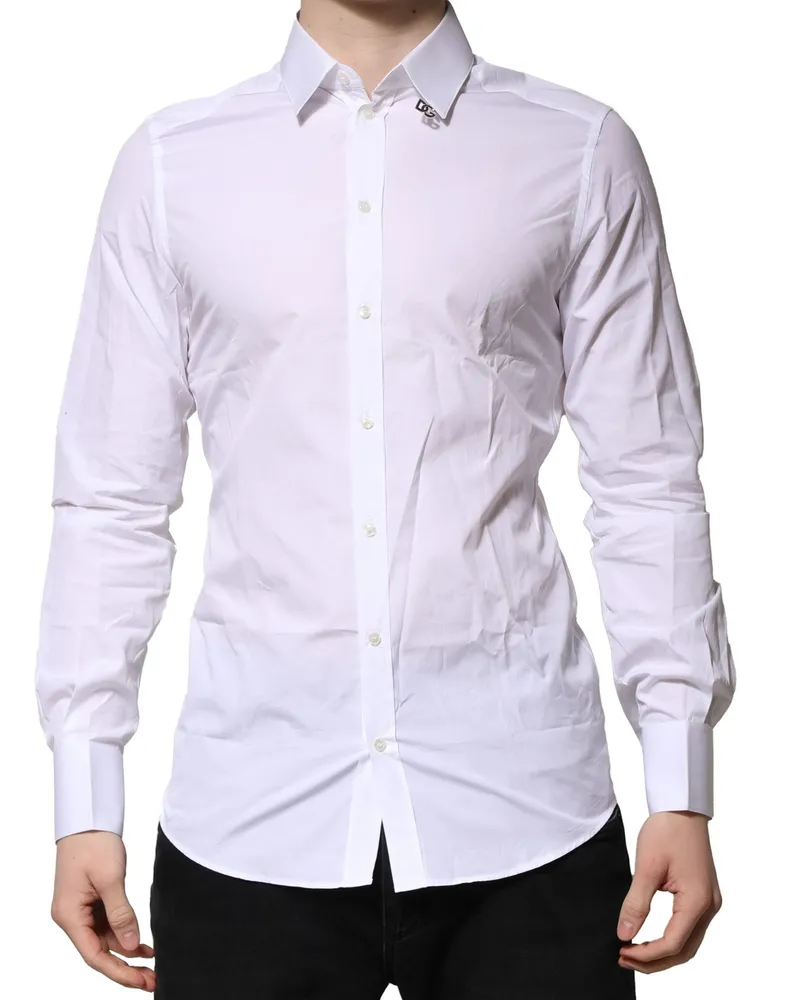 Dolce & Gabbana Men's White Cotton Gold Long Sleeves Formal Shirt White