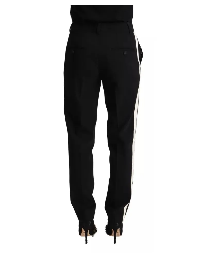 Dolce & Gabbana Women's Black White Stripes Wool Tapered Pants And Virgin Silk Elastane Black