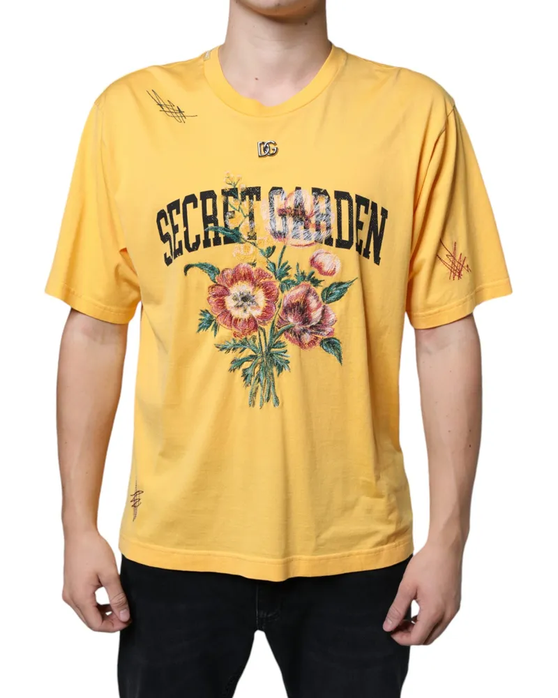 Dolce & Gabbana Men's Yellow Secret Graden Floral Cotton Crew Neck T-Shirt Yellow