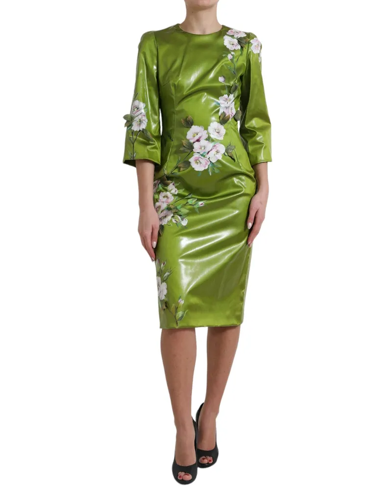 Dolce & Gabbana Women Green Floral Embellished Sheath Midi Dress Acetate Nylon Silk Elastane Green