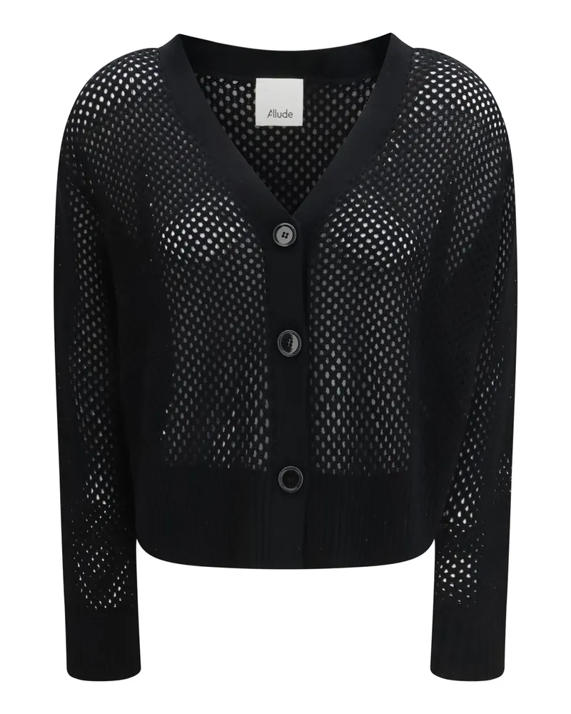 ALLUDE Women's Cardigan V-Neck Buttoned Black Wool (fleece) Sweater Black