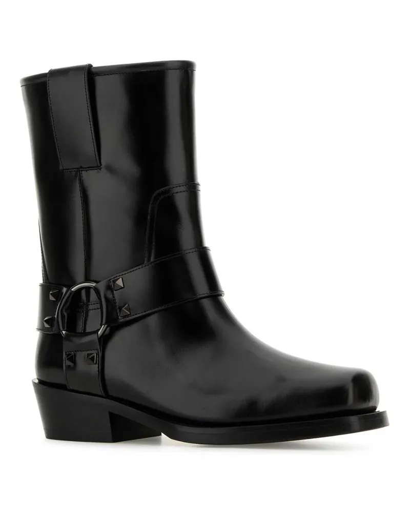Valentino Garavani Women's Black Leather Biker Rockstud Ankle Boots Nero Stivali Black