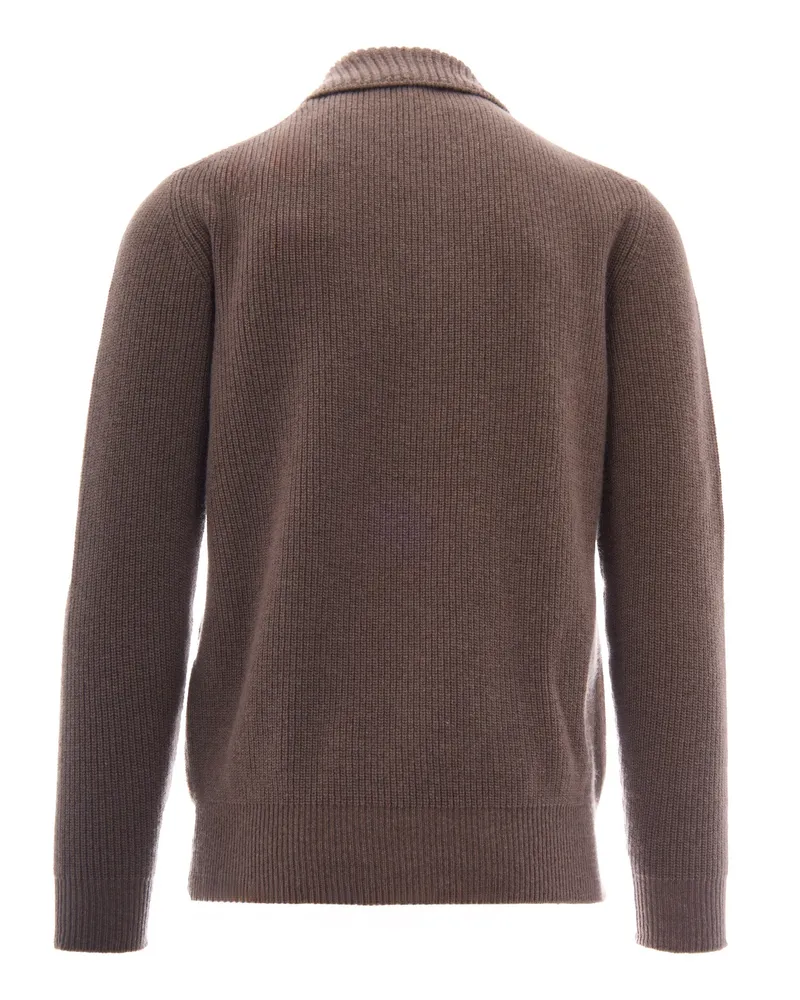 Ballantyne Men's Polo Sweater Fisherman Rib Wool Brown Jumpers Brown