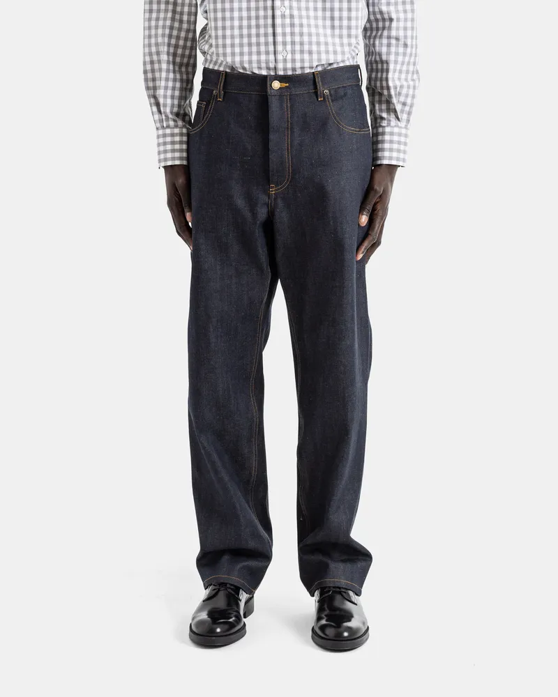 Thom Browne Men's Japanese Raw Indigo Selvedge Denim Straight Cut Button Fly Jeans Blue Navy