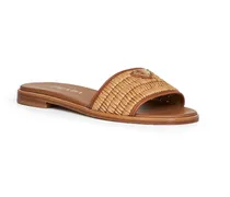 Crochet-Strap Calf Leather Slide Sandal — Camel