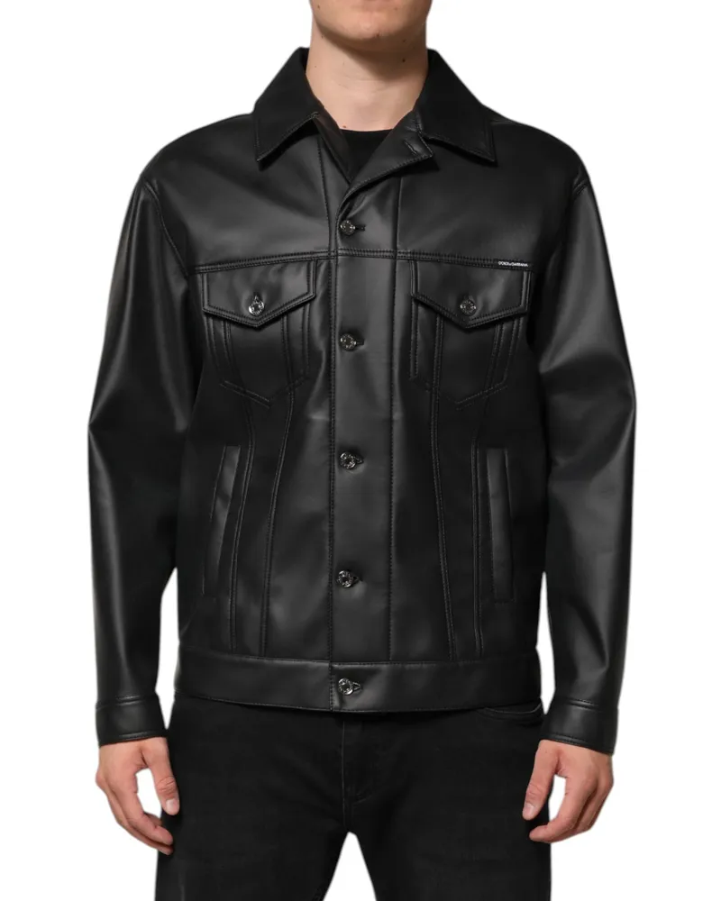 Dolce & Gabbana Men Black Polyester Button Down Biker Jacket Paper Elastane Clothing Black