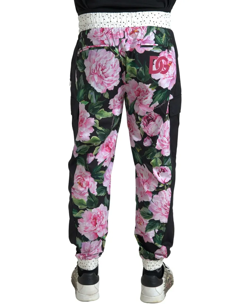 Dolce & Gabbana Multicolor Peony Joggers Cotton Men Pants Black