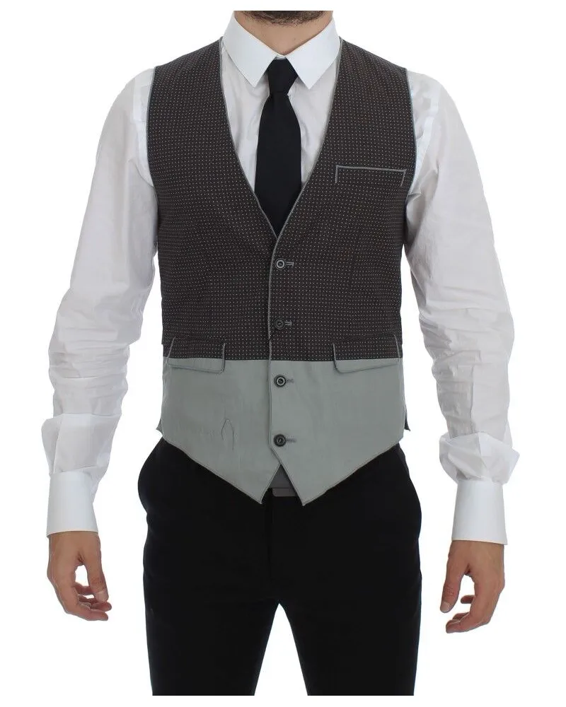 Dolce & Gabbana Men Gray Polka Dot Dress Vest Gilet Weste Cotton Gray