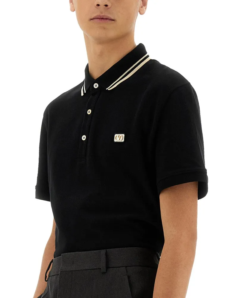 Valentino Garavani Piqué Cotton Polo Shirt — Black Black