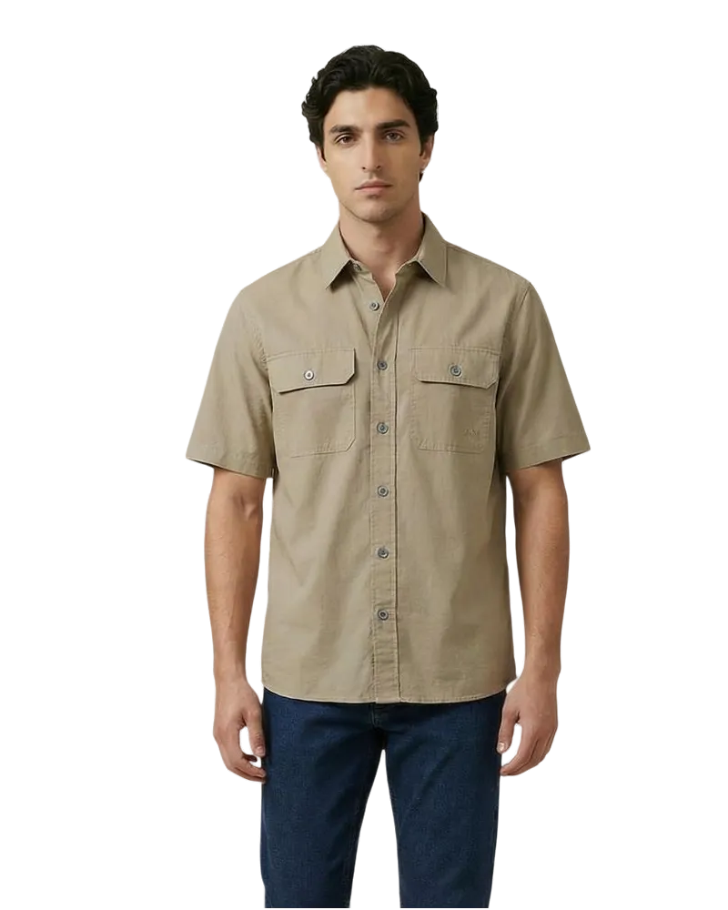 Armani Exchange Short-Sleeve Cotton Shirt — Beige Beige