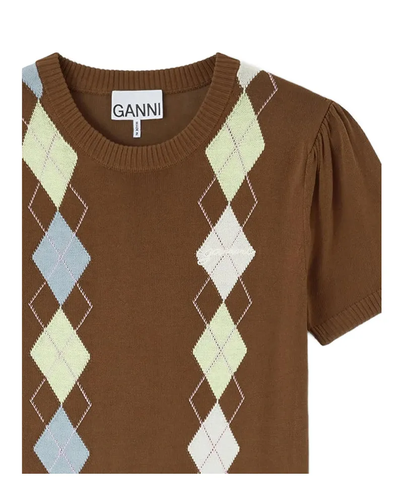 Ganni Argyle-Knit T-Shirt — Brown Brown