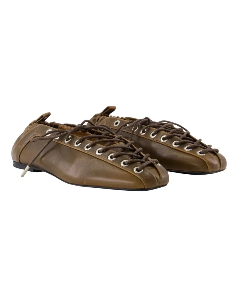 Ganni Women's Eyelets Lace Up Crinkle Ballerinas -  Synthetic Green Shoes Flat-Shoes Brown