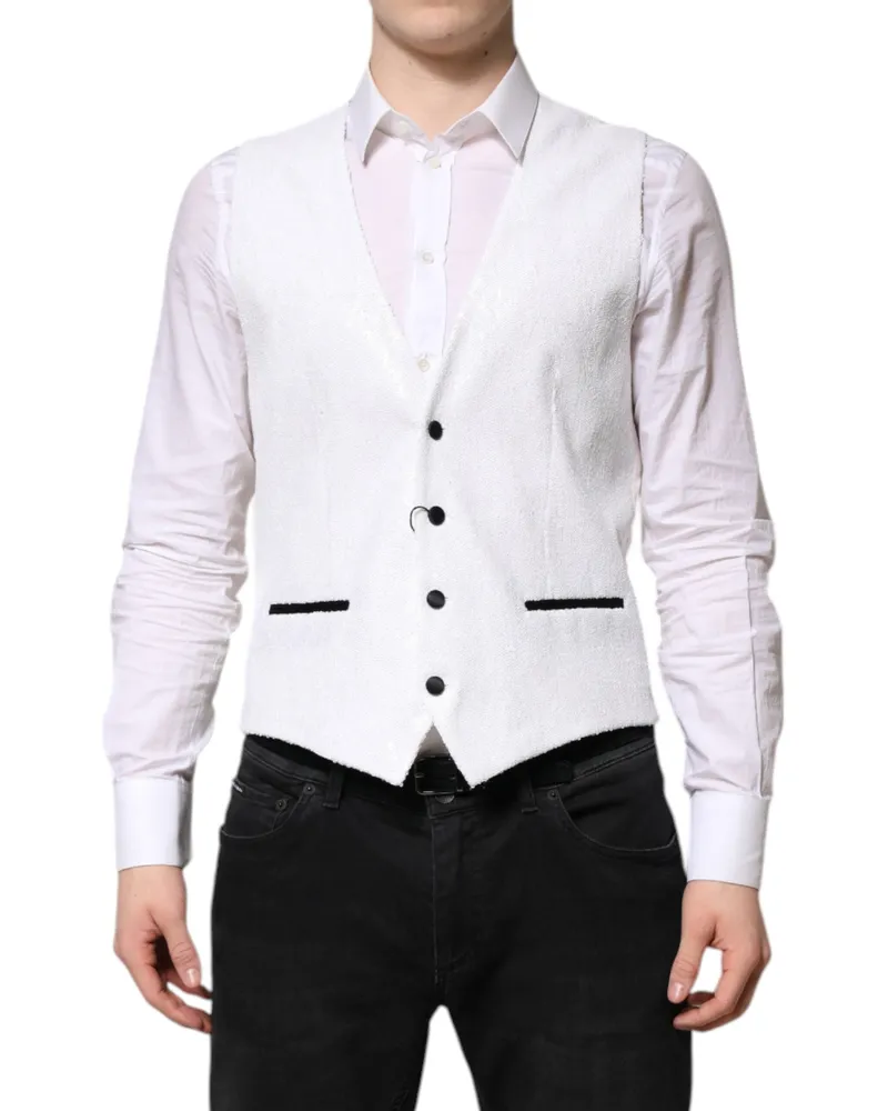 Dolce & Gabbana Men's White Sequined Dress Formal Waistcoat Vest Nylon Polyester Silk Elastane White