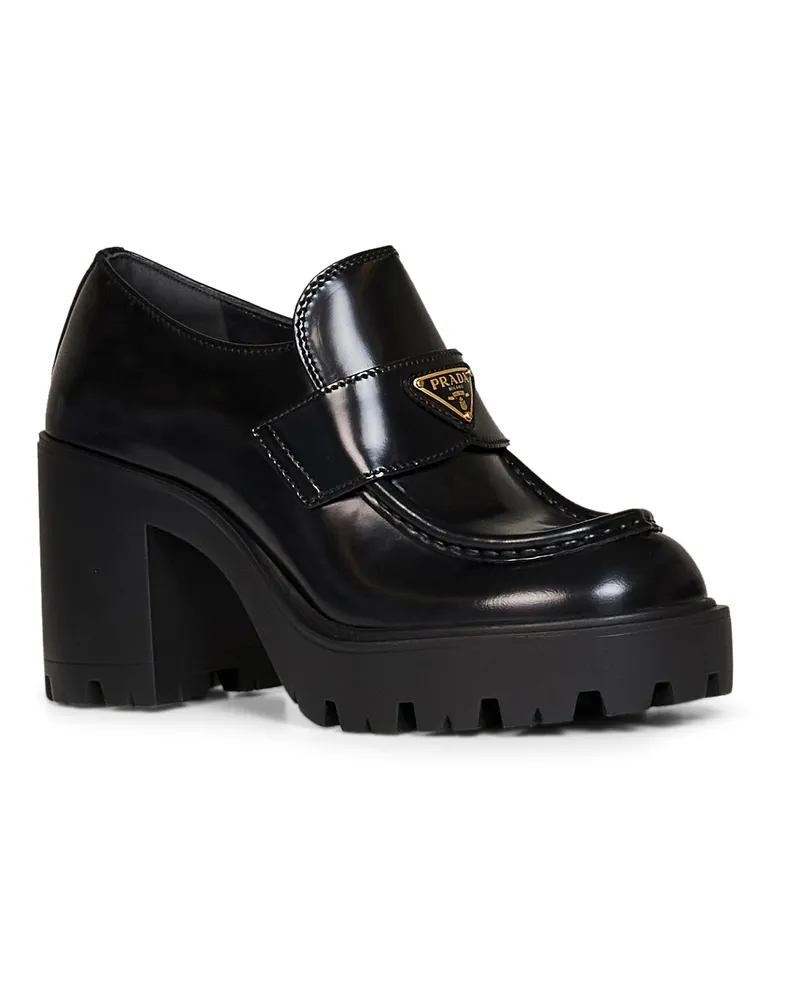 Prada Women's Heeled Loafers Brushed Black Leather Black