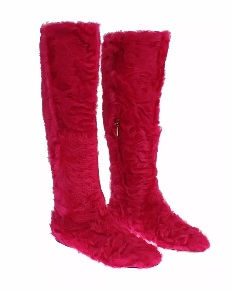 Dolce & Gabbana Women's Pink Lamb Fur Leather Flat Boots Shoes Lambskin Pink