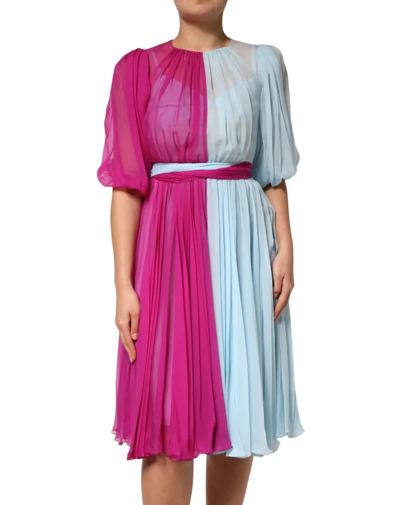 Dolce & Gabbana Women's Fuchsia Light Blue Silk Two Tone Midi Dress Multicolor