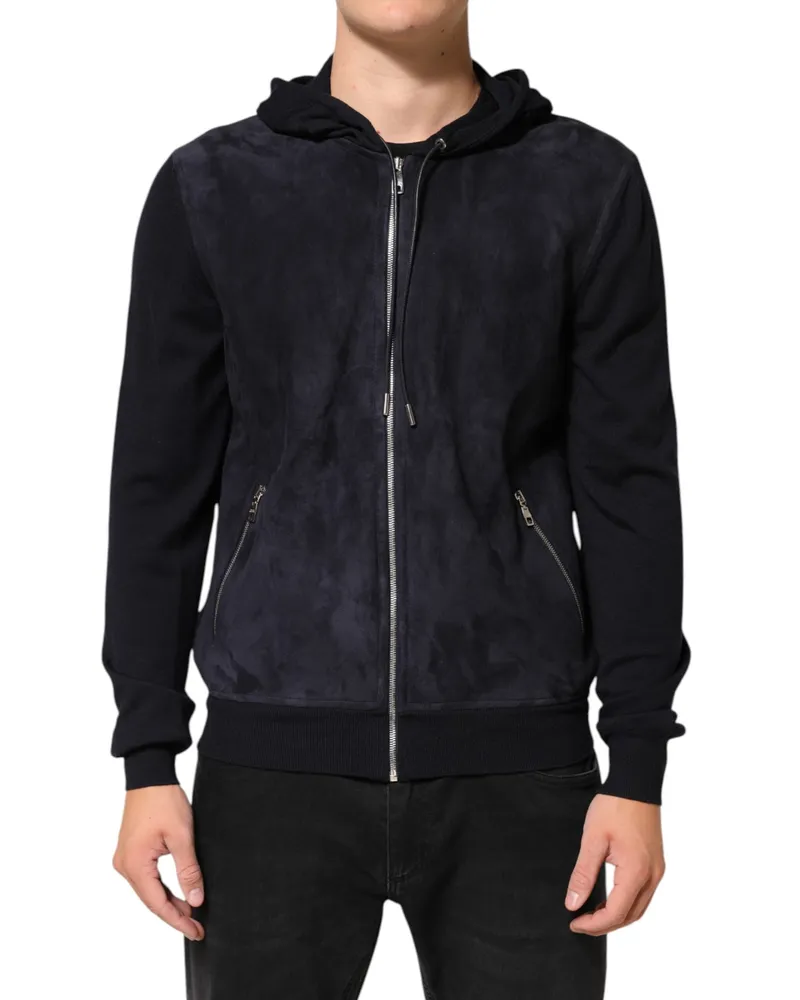 Dolce & Gabbana Men's Black Leather Full Zip Hooded Blouson Jacket Wv+lamb Clothing Black