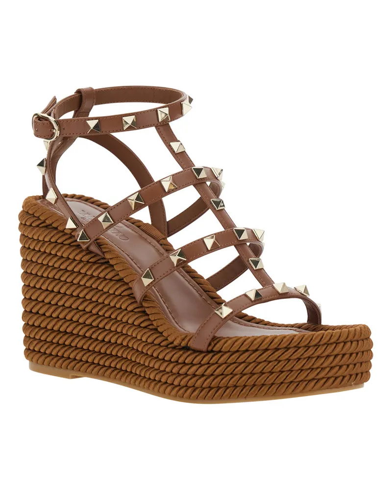 Valentino Garavani Women's Wedge Sandals Rockstud Brown Leather 