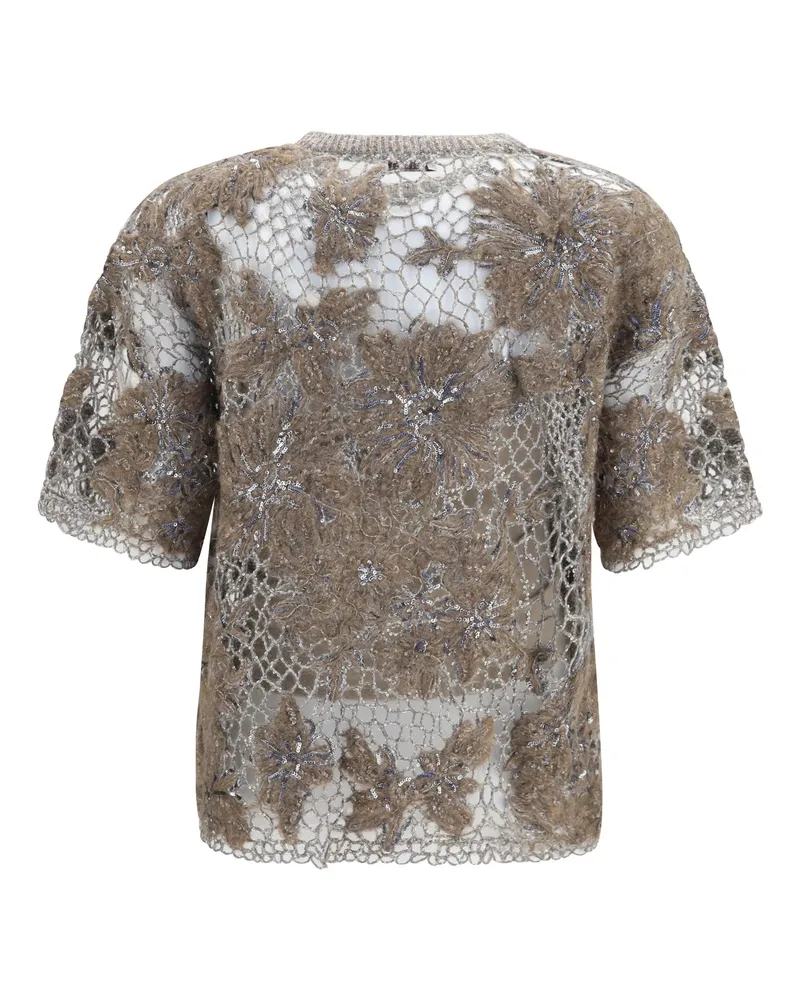 Brunello Cucinelli Women's Crew-Neck Top With Floral Embroidery And Sequins Beige Scuro T-Shirts Polos Beige