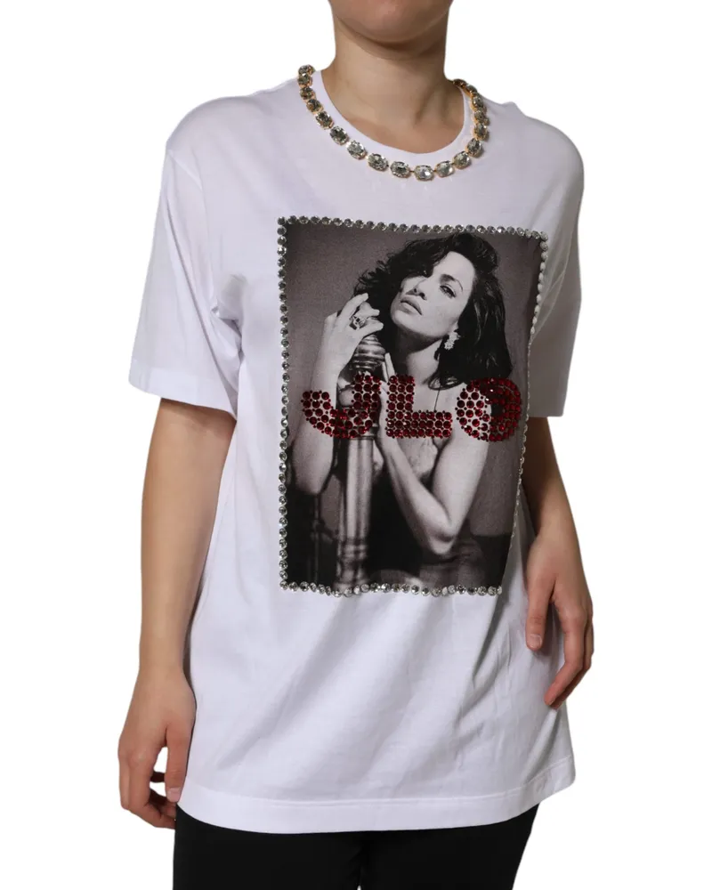 Dolce & Gabbana Women's White Crystal Neckline Embellished Printed T-Shirt Cotton White