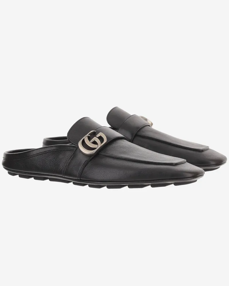 Gucci Men's Leather Logo Slippers Black Black