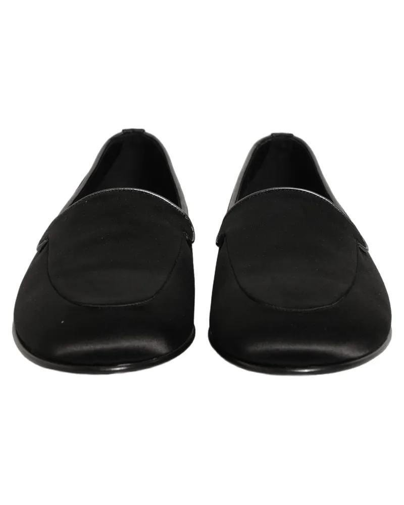 Dolce & Gabbana Men's Black Satin Logo Slip On Flats Loafers Shoes Leather Black