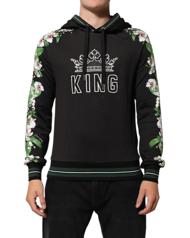 Dolce & Gabbana Men King Black Orchid Floral Crown Logo Hoodie Sweater Cotton Clothing Black