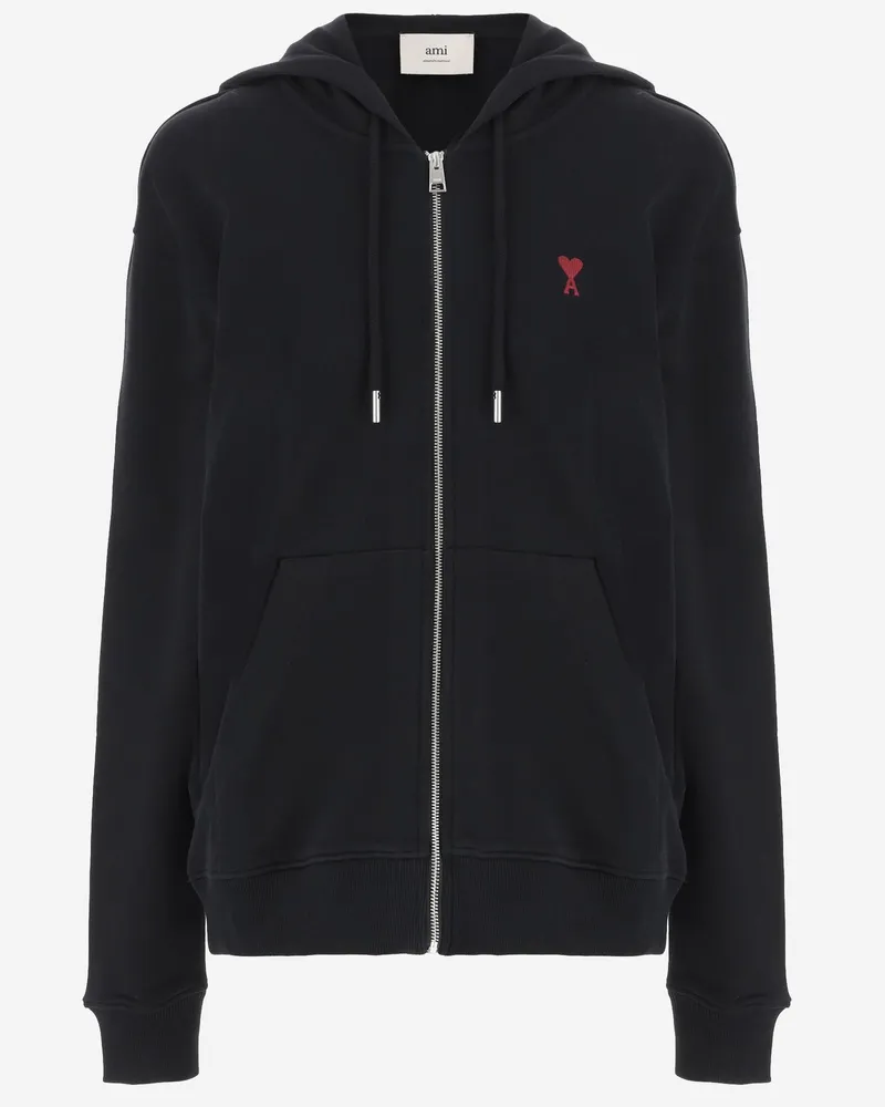 AMI Paris Cotton Zip-Up Hoodie — Black 