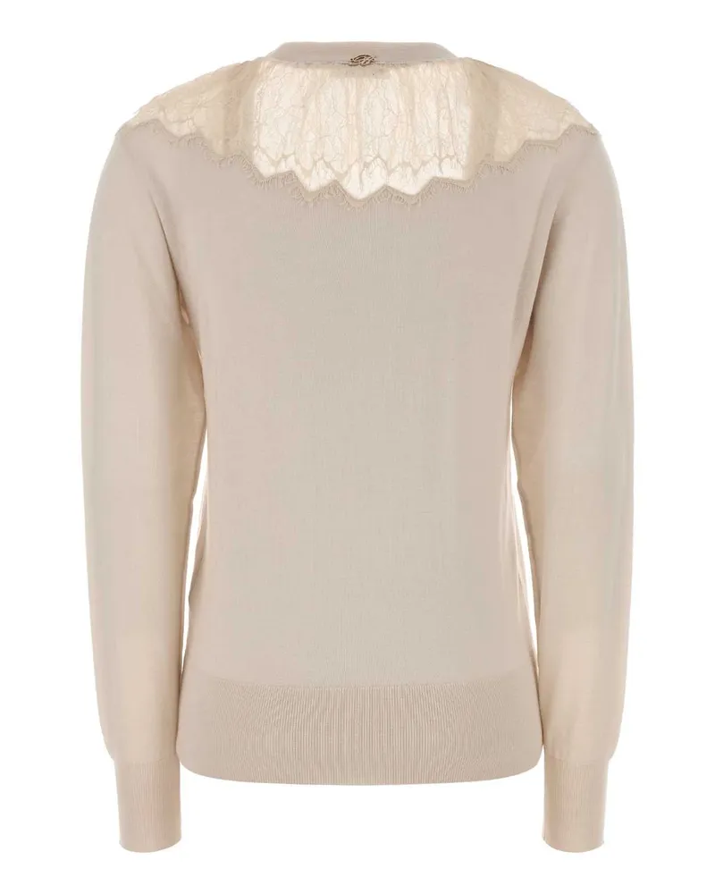 Blumarine Lace-Trim Virgin Wool Cardigan — Beige Beige
