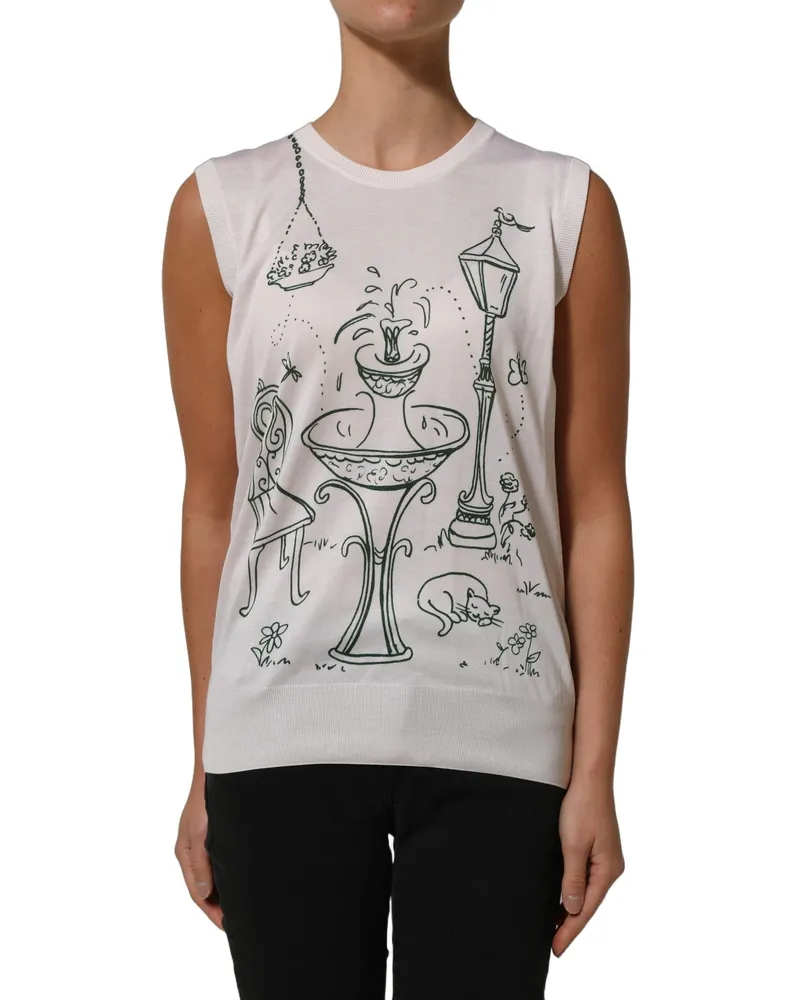 Dolce & Gabbana Women's White Silk Knit Garden Fountain Print Tank Top White