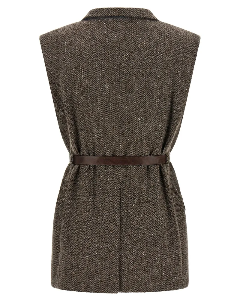 Brunello Cucinelli Herringbone Virgin Wool Vest — Taupe Taupe
