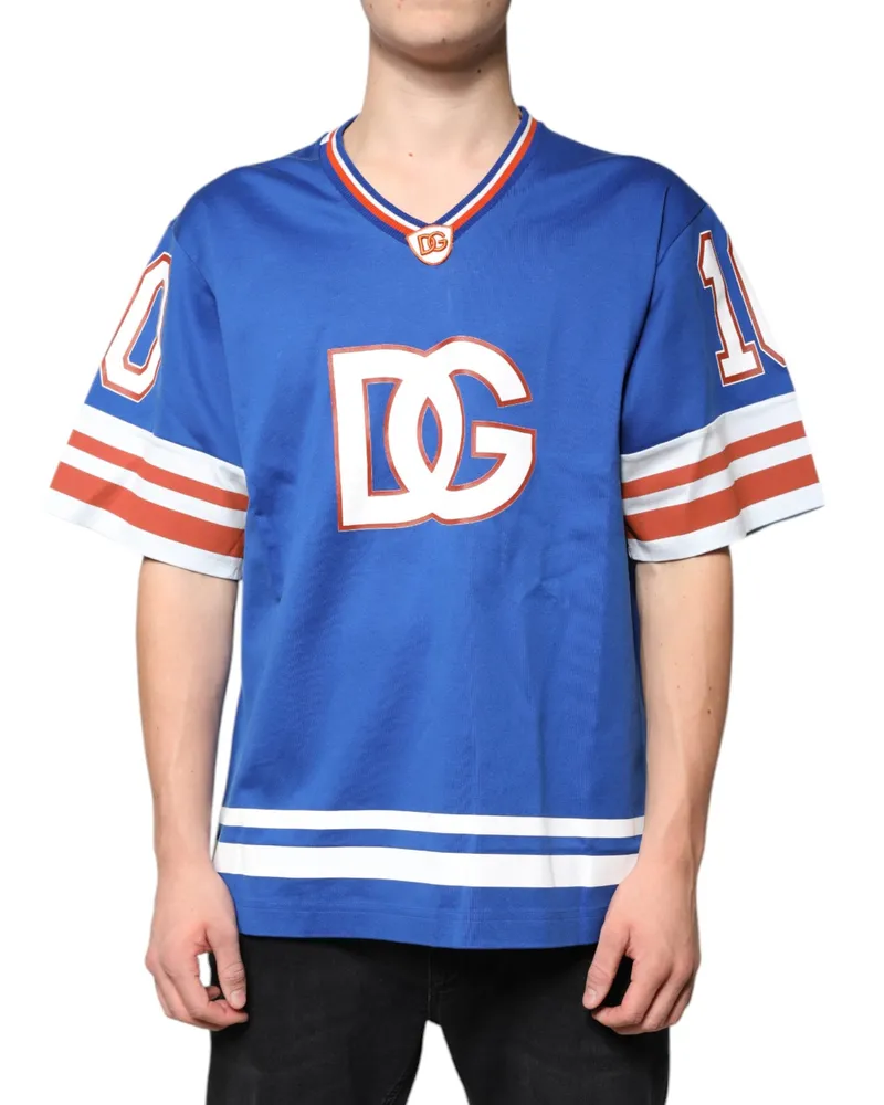 Dolce & Gabbana Men's Blue Logo V-Neck Short Sleeve T-Shirt Blue