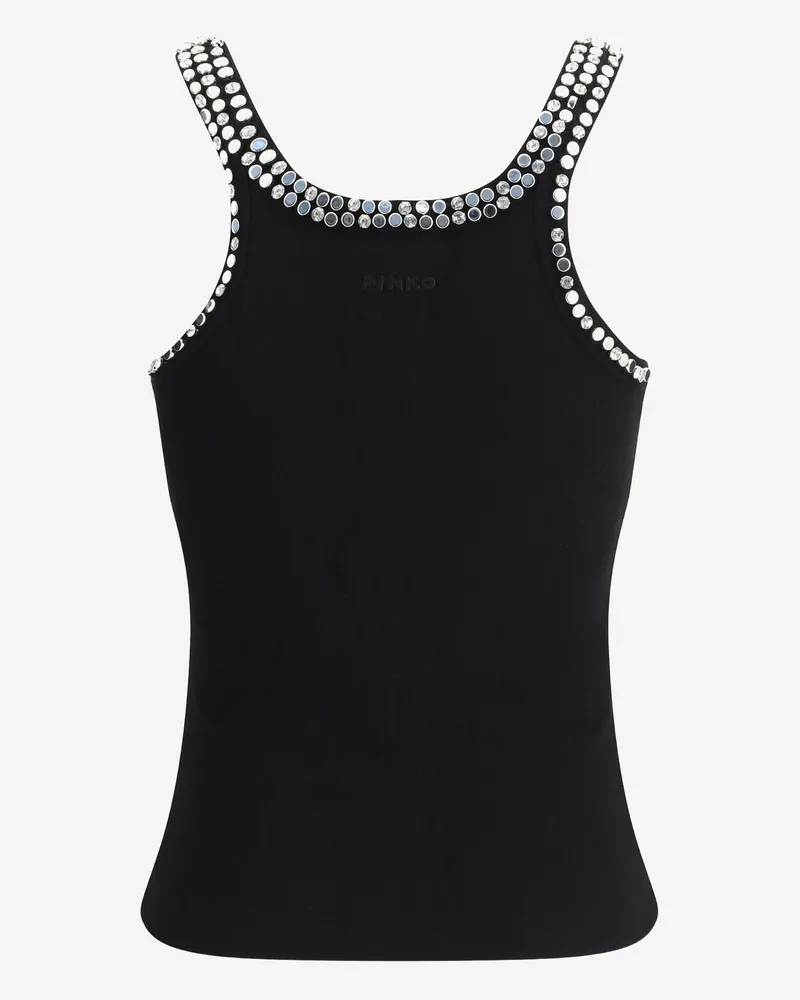 Pinko Women's Ribbed Top With Jewel Embroidery, Black Cotton Tops Black
