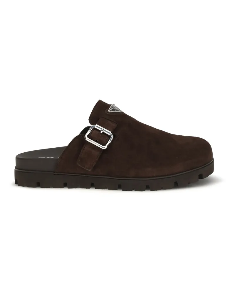 Prada Men's Suede Mules Moro Calf Leather Bos Taurus Sandal Brown