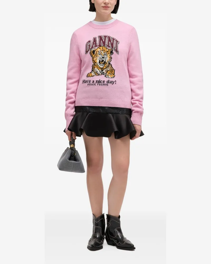 Ganni Tiger Graphic Wool Sweater — Pink Pink