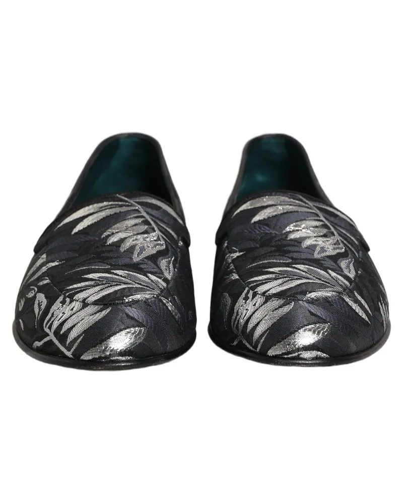 Dolce & Gabbana Black Leaf Embroidery Dress Men Loafers Shoes Leather Black