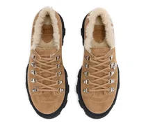Suede Lace-Up Shearling-Lined Derby Flat — Brown