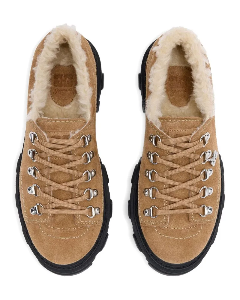 Ganni Suede Lace-Up Shearling-Lined Derby Flat — Brown Brown