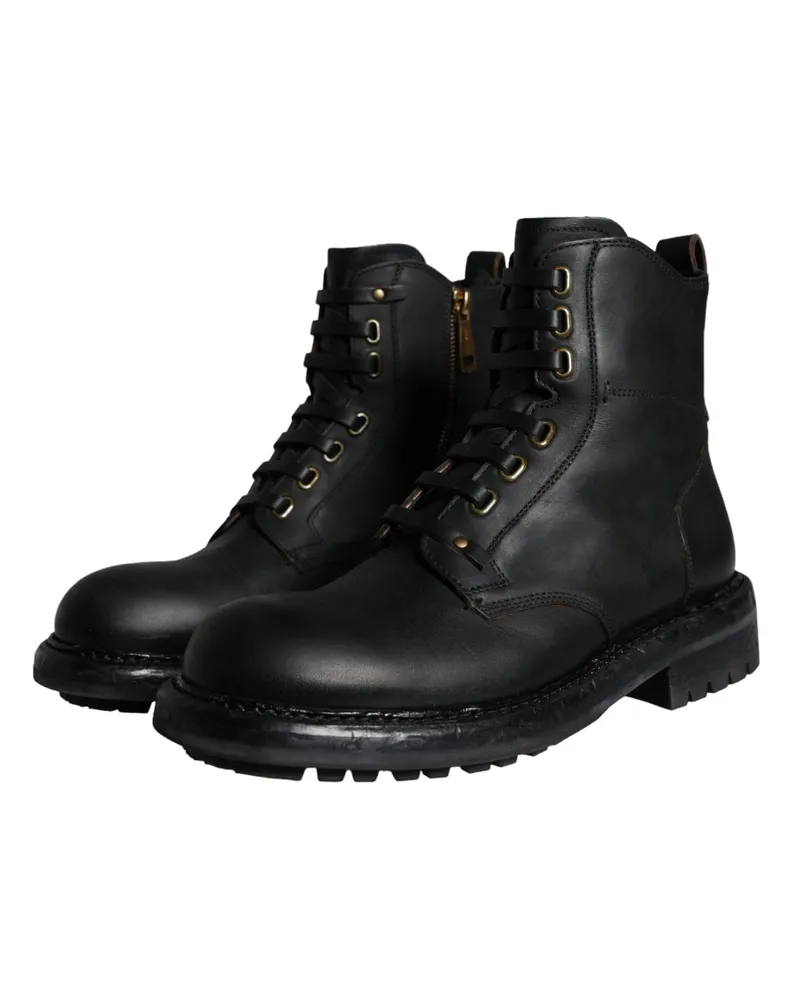 Dolce & Gabbana Black Lace Up Mid Calf Boots Men Shoes Leather Black