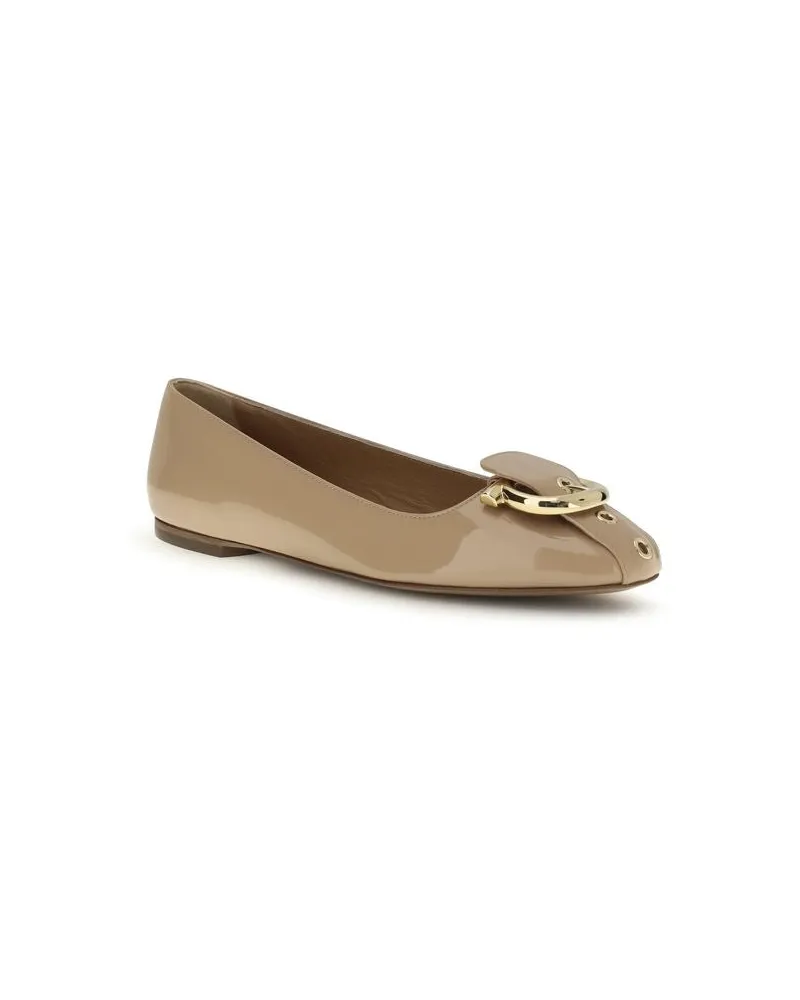 Ferragamo Women's Beige Calf Leather Bos Taurus Ballet Flats Beige