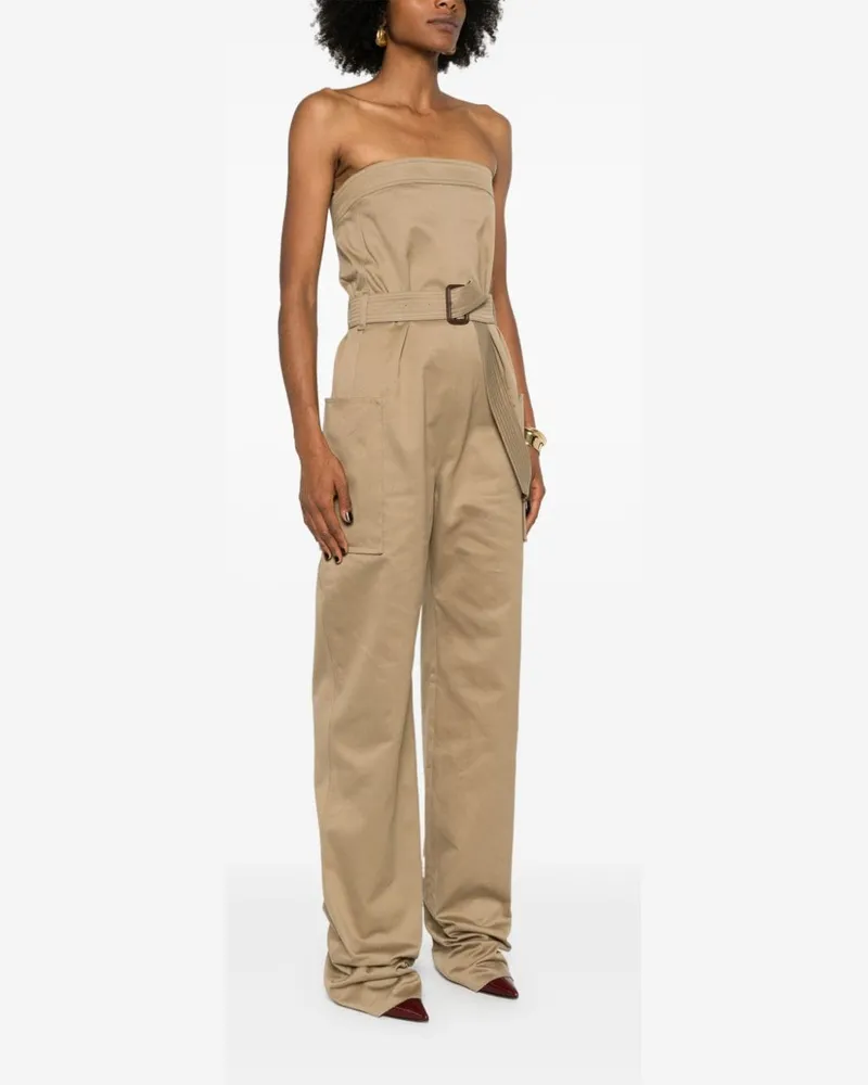 Saint Laurent Strapless Belted Jumpsuit — Beige Beige