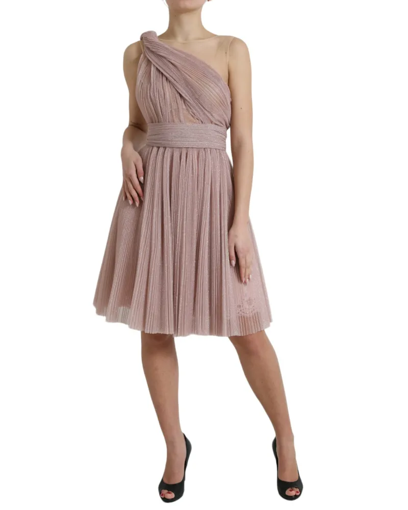Dolce & Gabbana Women Pink One Shoulder Pleated Lame Tulle Dress Polyester Film Fiber Cotton Pink
