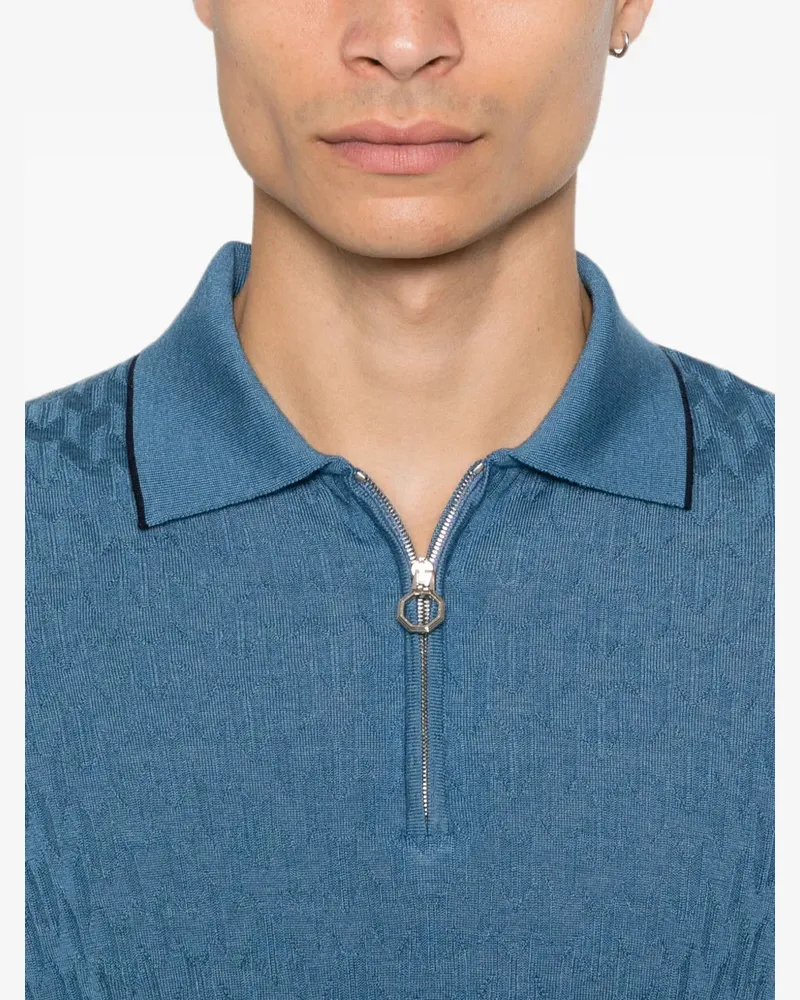 Stefano Ricci Men's Geometric-Pattern Zip-Fastening Polo Shirt Aw26 M Teal