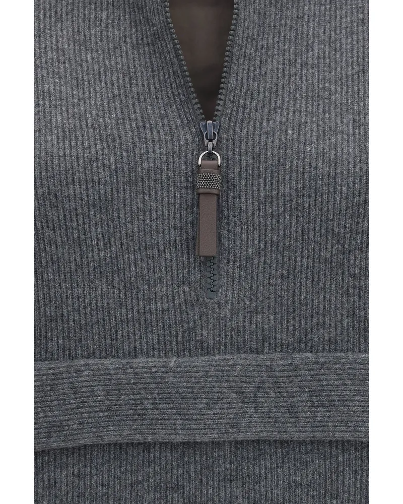 Brunello Cucinelli Women's Cashmere Half-Zip Sweater Lead Grey (capra Hircus Gray
