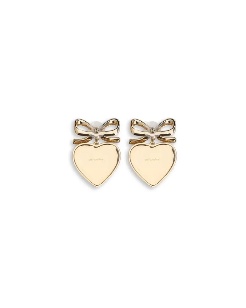 Self-Portrait Crystal Bow Heart-Drop Earrings — Gold Gold